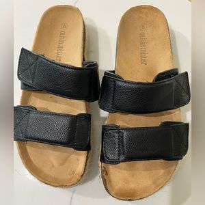 Olivia Miller Leather Slip-On Black Espadrille Double Strap Sandals